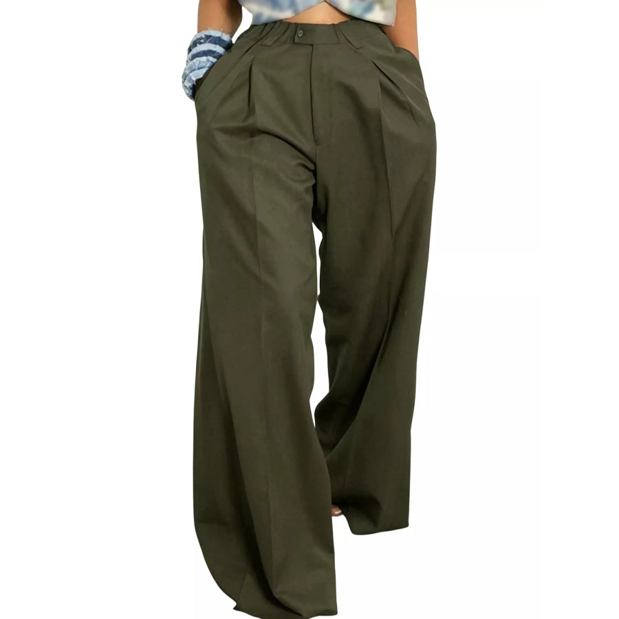 Wide Leg Pleated Pants Army Green / S Apparel and Accessories