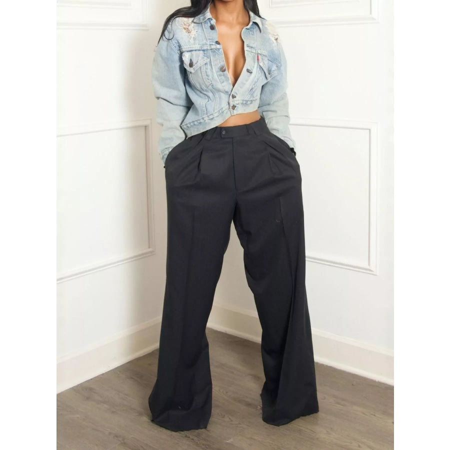 Wide Leg Pleated Pants Black / S Apparel and Accessories