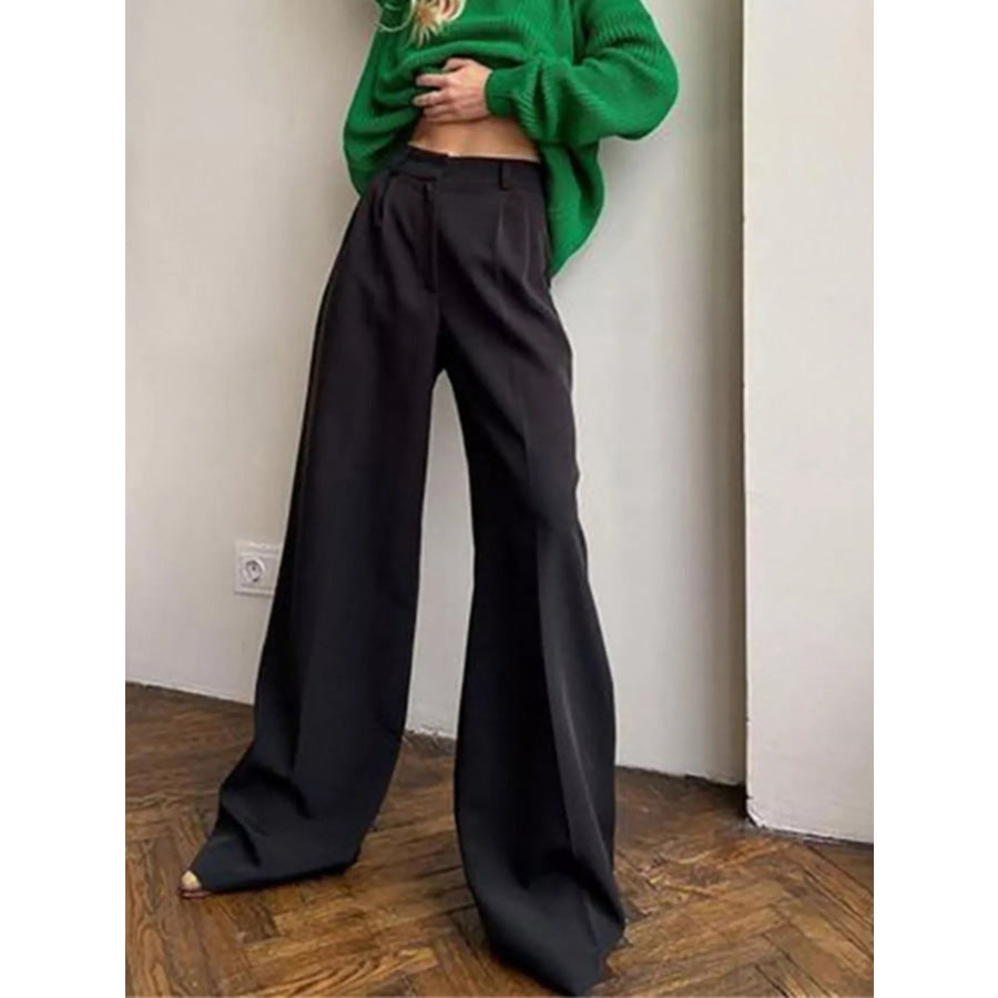 Wide Leg Pleated Pants Black / S Apparel and Accessories