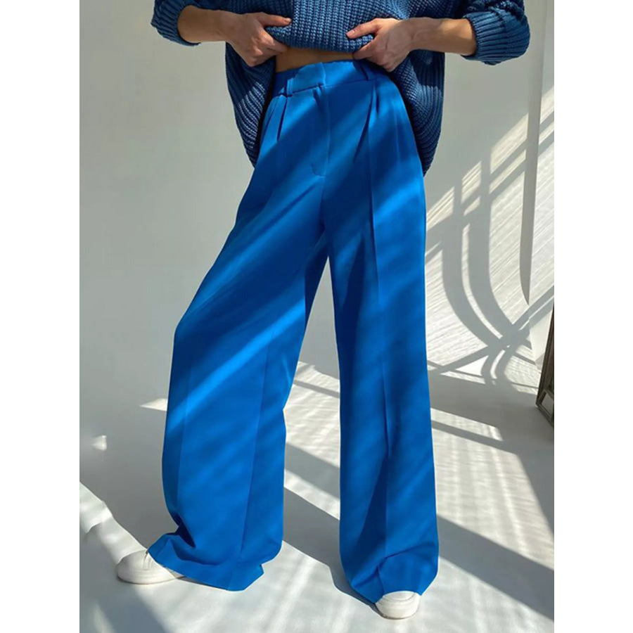 Wide Leg Pleated Pants Blue / S Apparel and Accessories