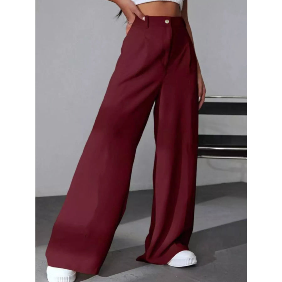 Wide Leg Pleated Pants Burgundy / S Apparel and Accessories