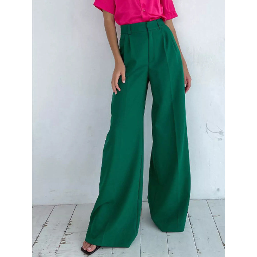 Wide Leg Pleated Pants Green / S Apparel and Accessories