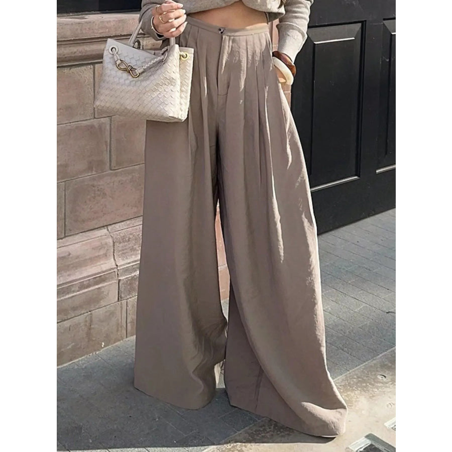 Wide-Leg Pleated Pants Khaki / S Apparel and Accessories