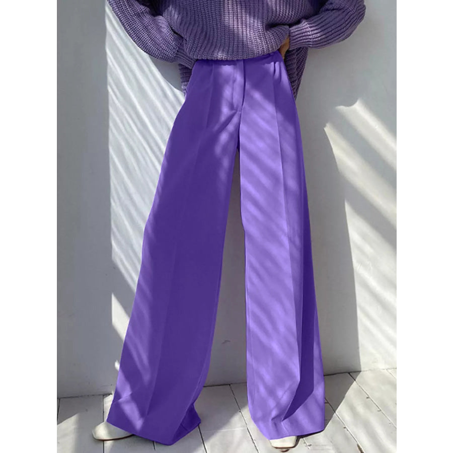 Wide Leg Pleated Pants Purple / S Apparel and Accessories