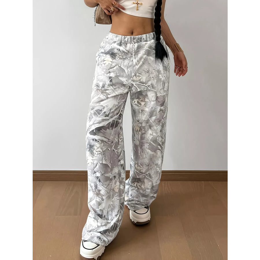 Wide-Leg Printed Casual Pants Light Gray / S Apparel and Accessories