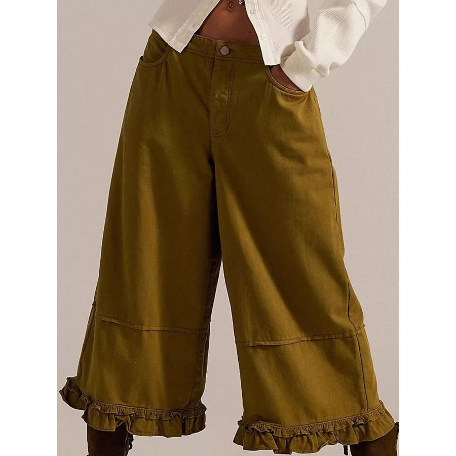 Wide-Leg Ruffle Hem Jeans Army Green / S Apparel and Accessories