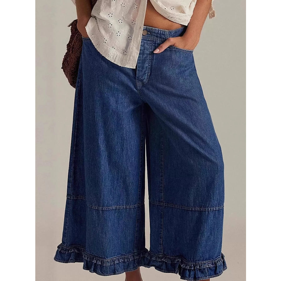 Wide-Leg Ruffle Hem Jeans Dark Blue / S Apparel and Accessories