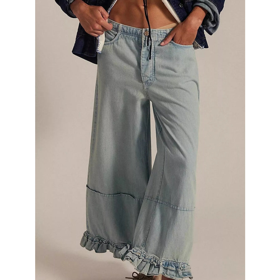 Wide-Leg Ruffle Hem Jeans Light Blue / S Apparel and Accessories