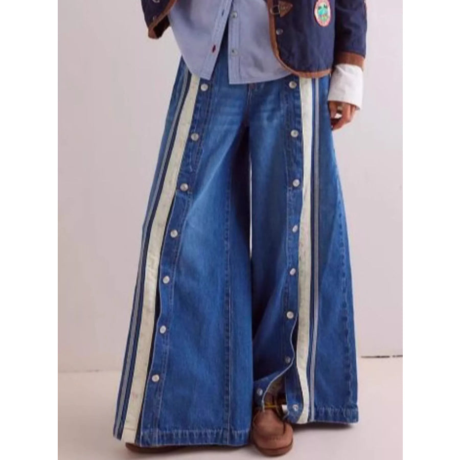 Wide-Leg Side Snap Button Jeans Blue / S Apparel and Accessories