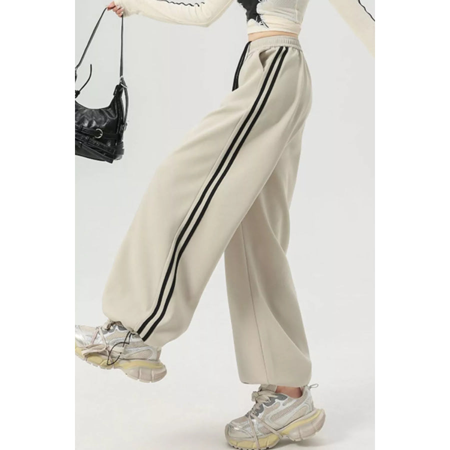 Wide Leg Side Striped Pants Beige / S Apparel and Accessories