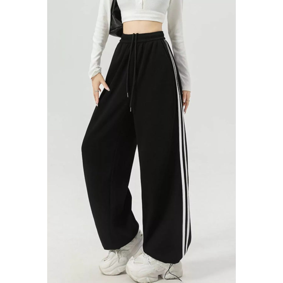 Wide Leg Side Striped Pants Black / S Apparel and Accessories