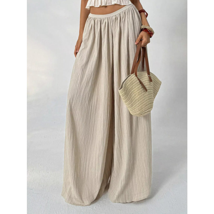 Wide-Leg Textured Pants Khaki / S Apparel and Accessories