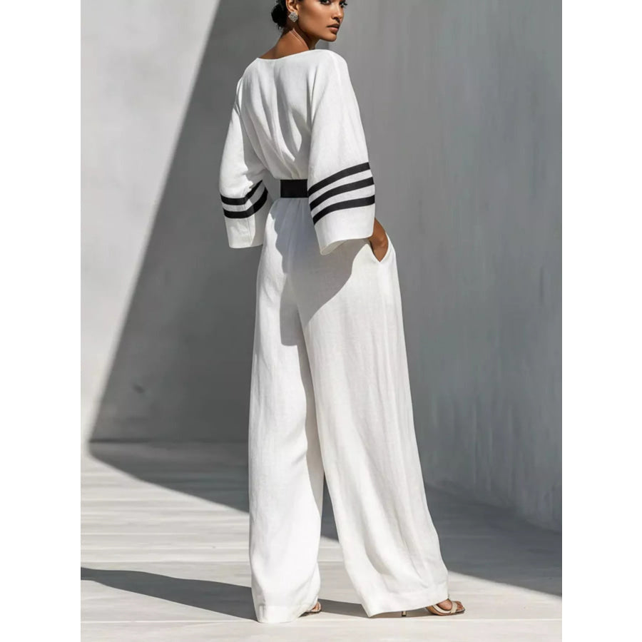 Wide Sleeve and Contrast Striped Jumpsuit Apparel Accessories