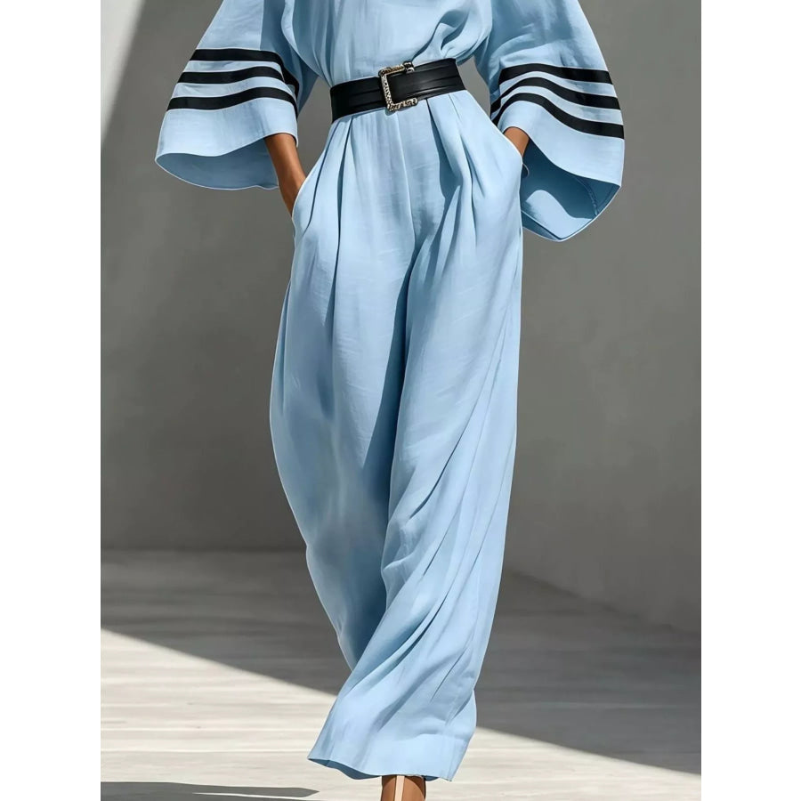 Wide Sleeve and Contrast Striped Jumpsuit Apparel Accessories
