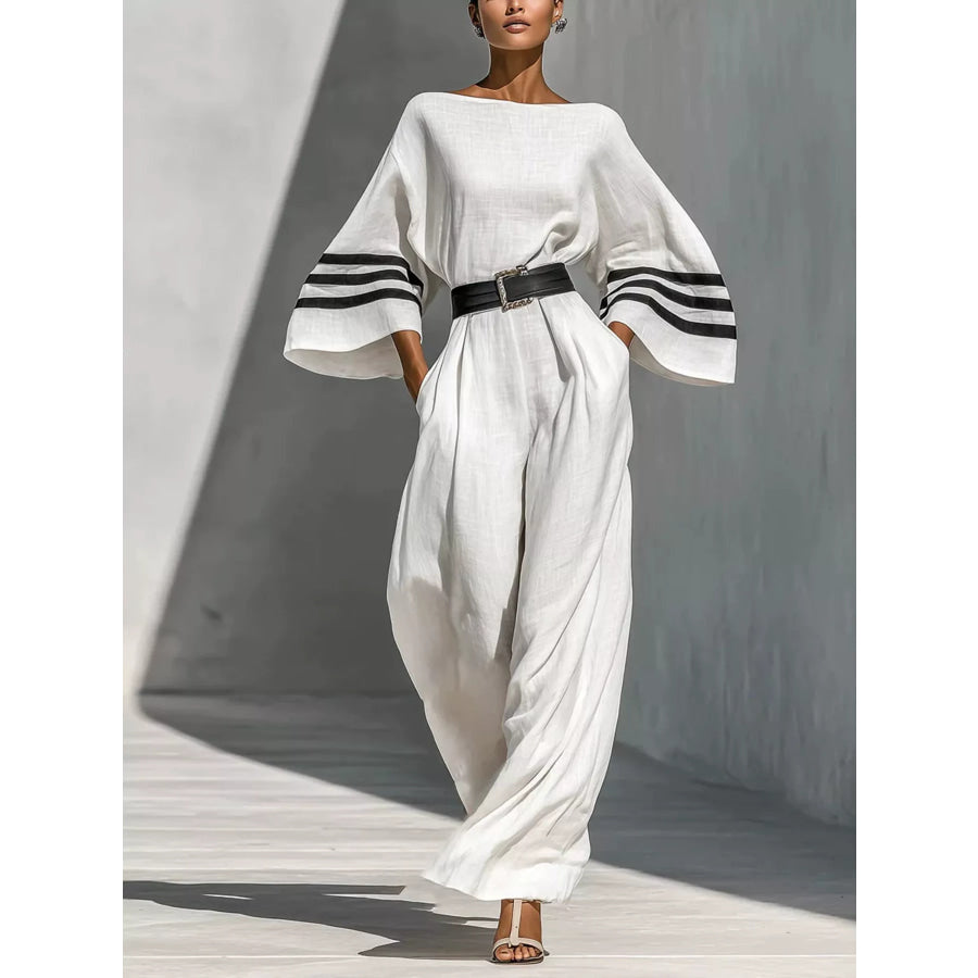 Wide Sleeve and Contrast Striped Jumpsuit Apparel Accessories