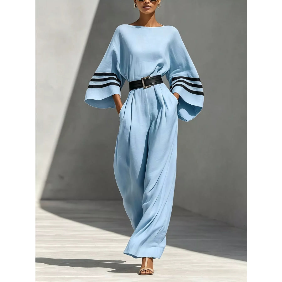 Wide Sleeve and Contrast Striped Jumpsuit Light Blue / XS Apparel Accessories