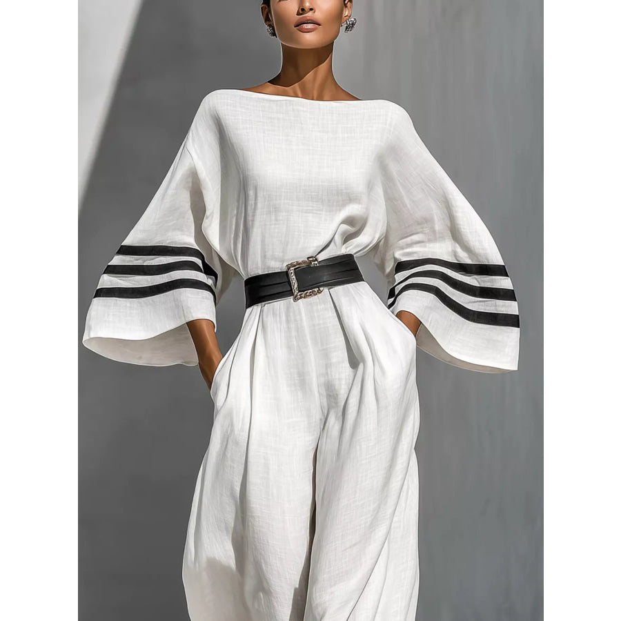 Wide Sleeve and Contrast Striped Jumpsuit White / XS Apparel Accessories