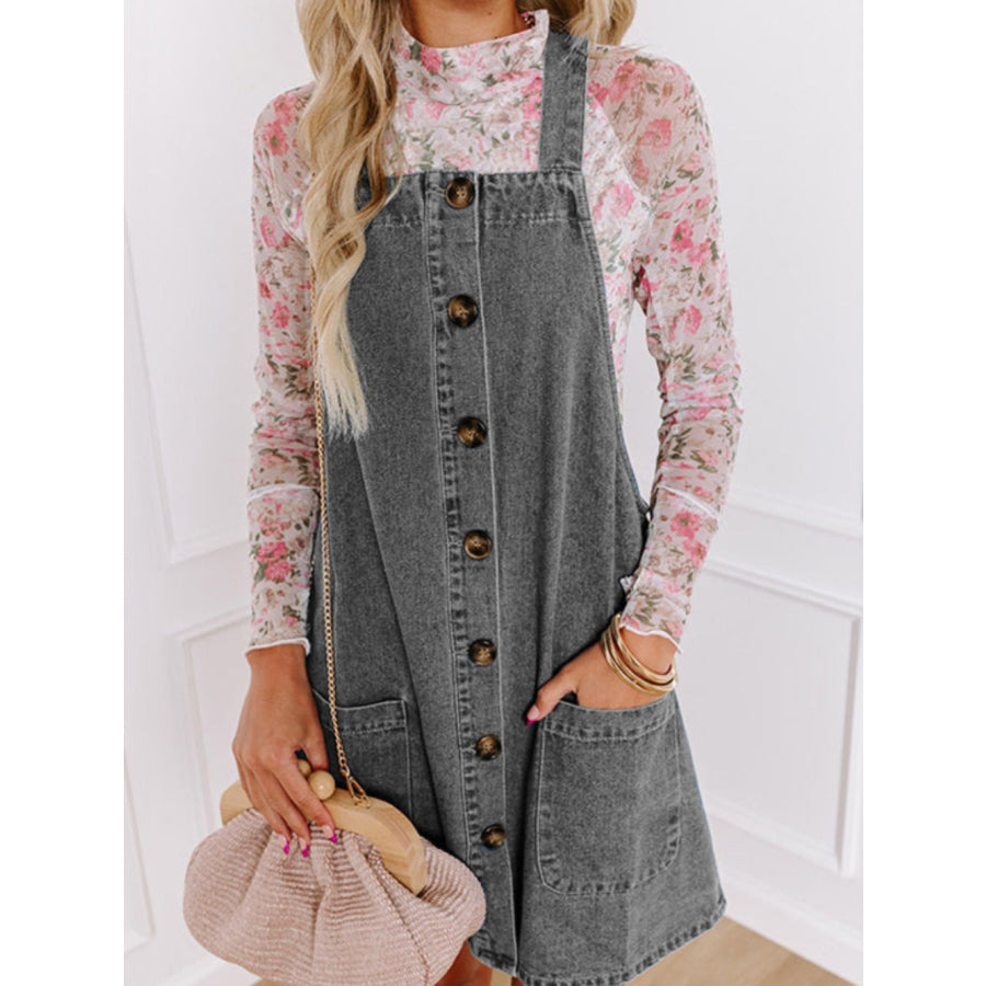 Wide Strap Button Down Denim Overall Dress Gray / S Apparel and Accessories