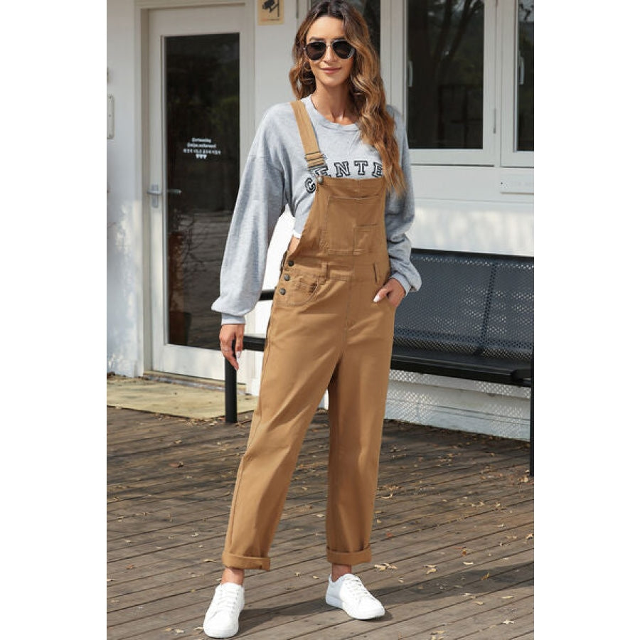 Wide Strap Buttoned Straight Overalls Camel / S Clothing