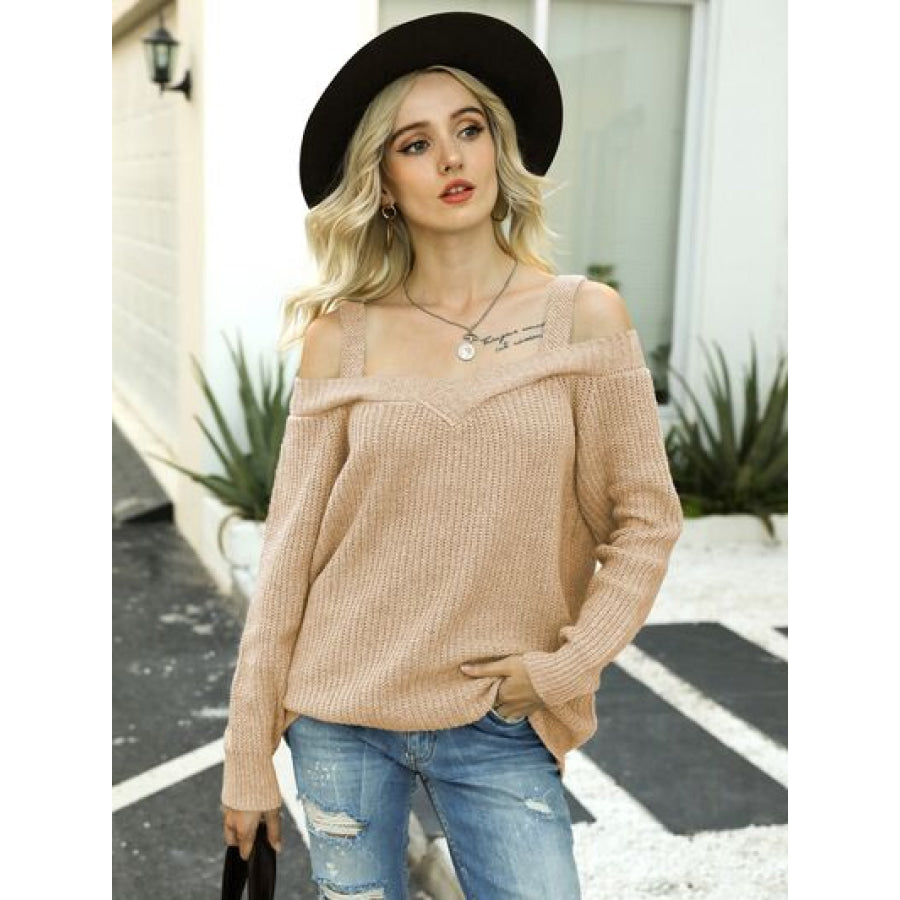 Wide Strap Cold Shoulder Pullover Sweater Clothing