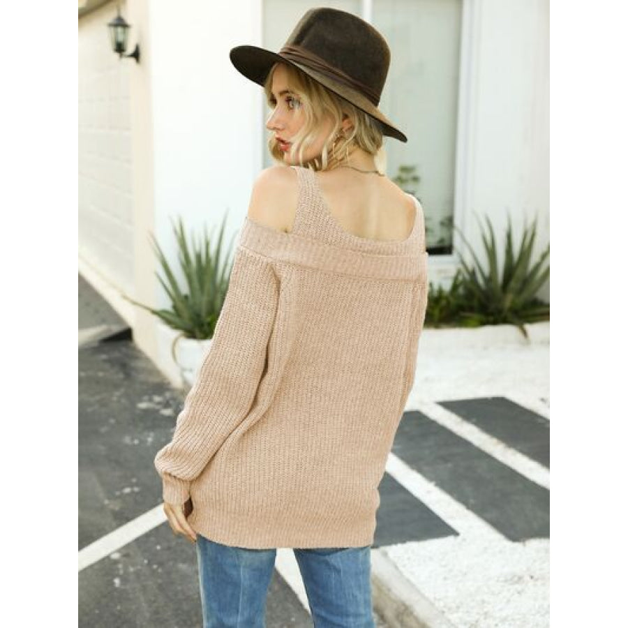 Wide Strap Cold Shoulder Pullover Sweater Clothing