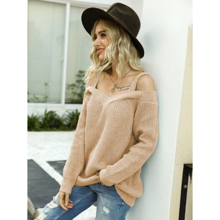 Wide Strap Cold Shoulder Pullover Sweater Clothing