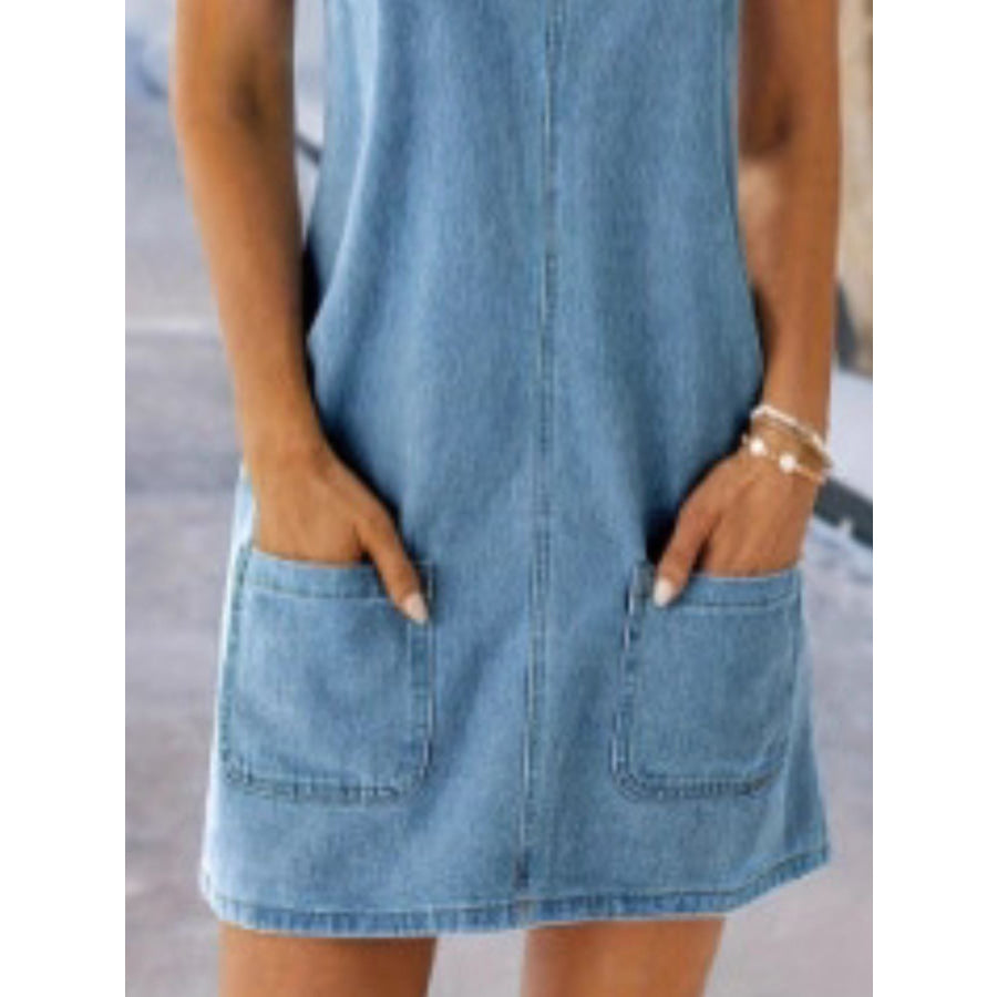 Wide Strap Denim Overall Dress with Pockets Apparel and Accessories