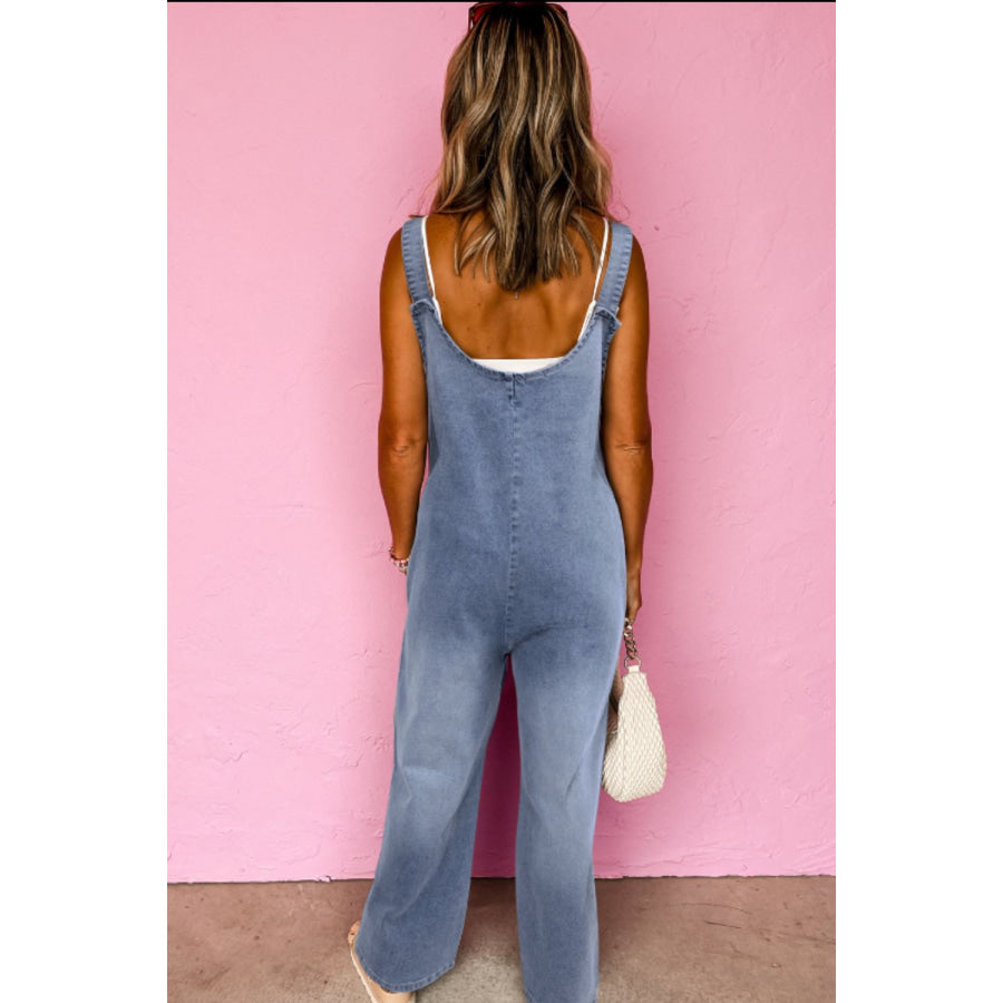 Wide Strap Denim Overalls with Pockets Apparel and Accessories