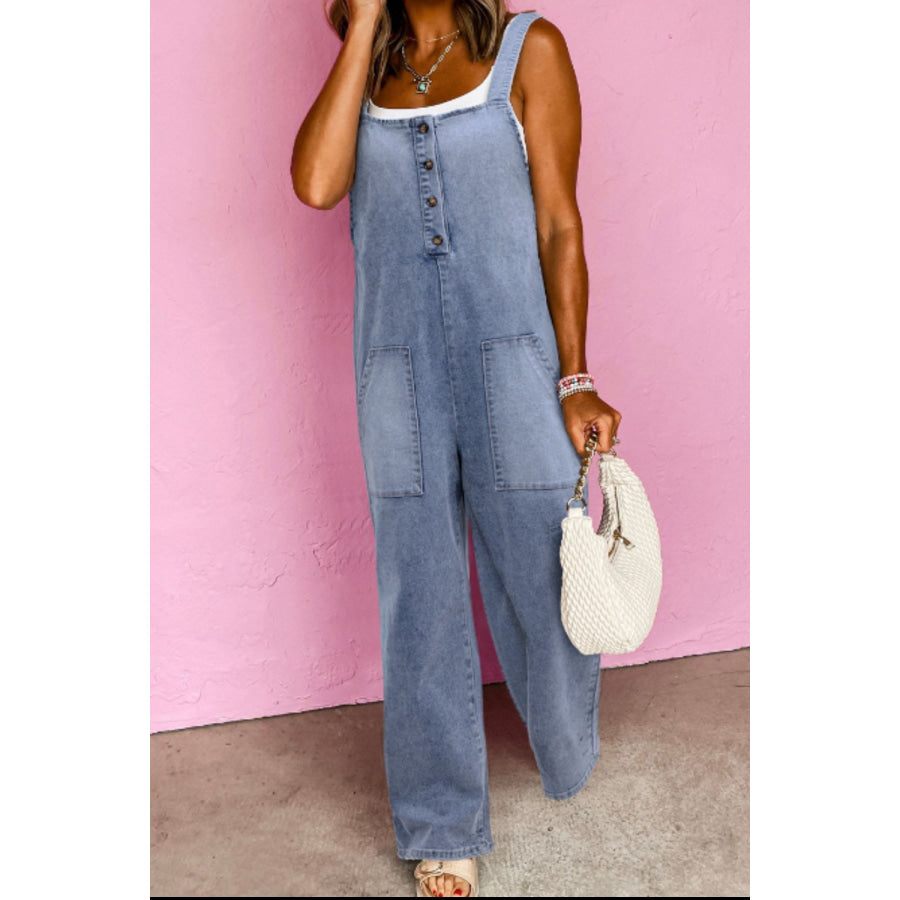 Wide Strap Denim Overalls with Pockets Medium / S Apparel and Accessories