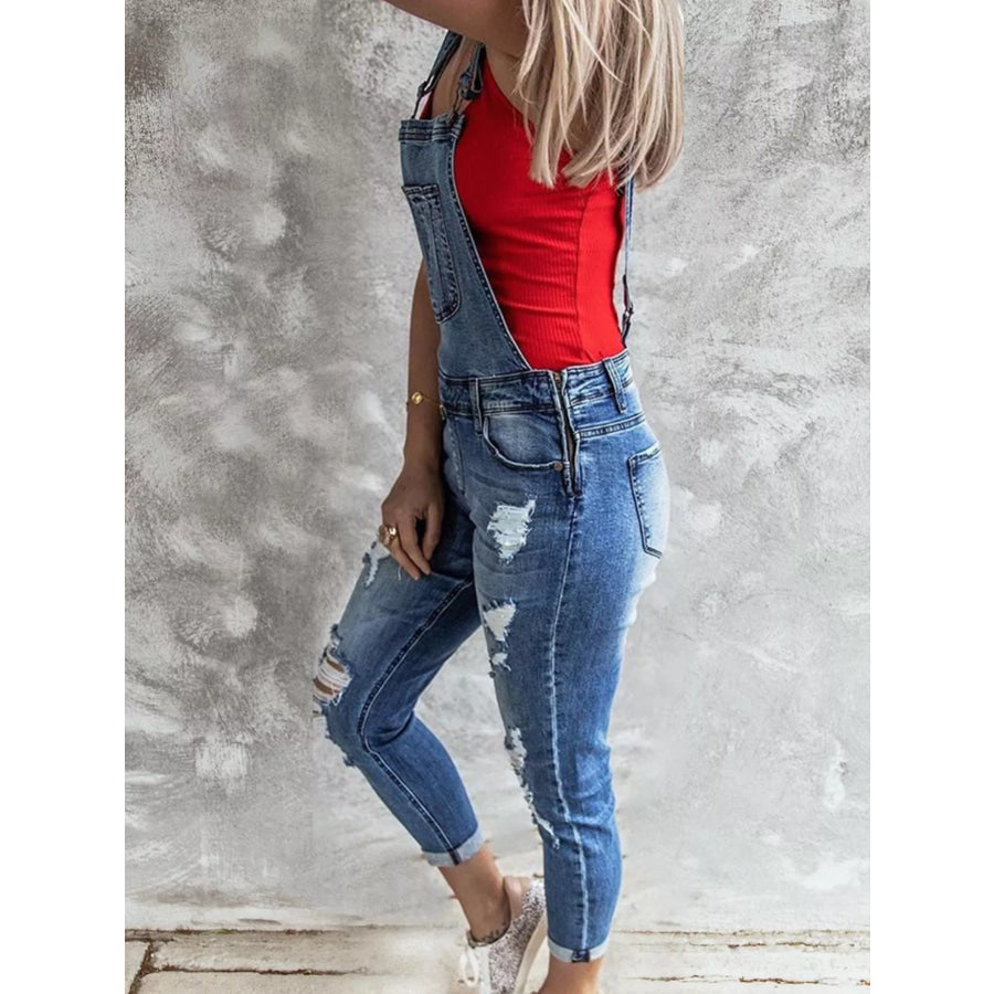 Wide Strap Distressed Denim Overalls Apparel and Accessories