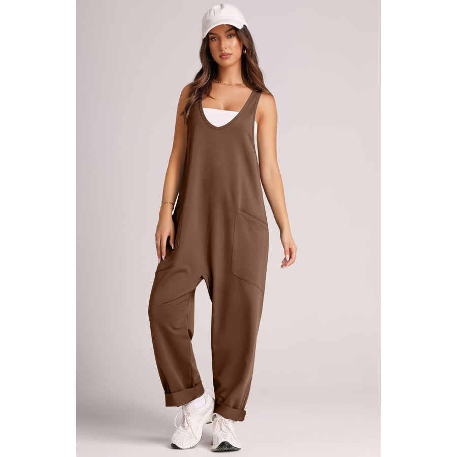 Wide Strap Jumpsuit with Pockets Chocolate / S Apparel and Accessories