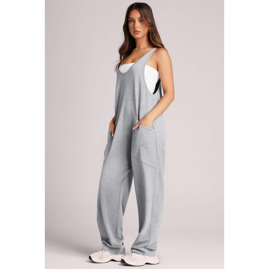 Wide Strap Jumpsuit with Pockets Heather Gray / S Apparel and Accessories