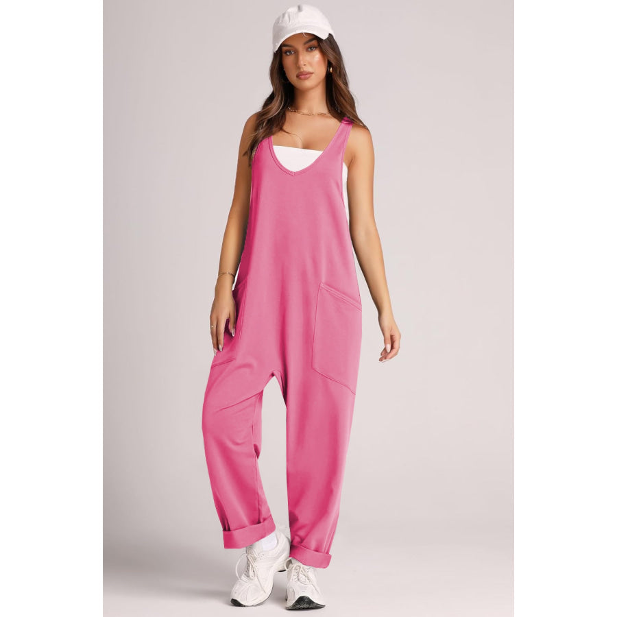 Wide Strap Jumpsuit with Pockets Hot Pink / S Apparel and Accessories