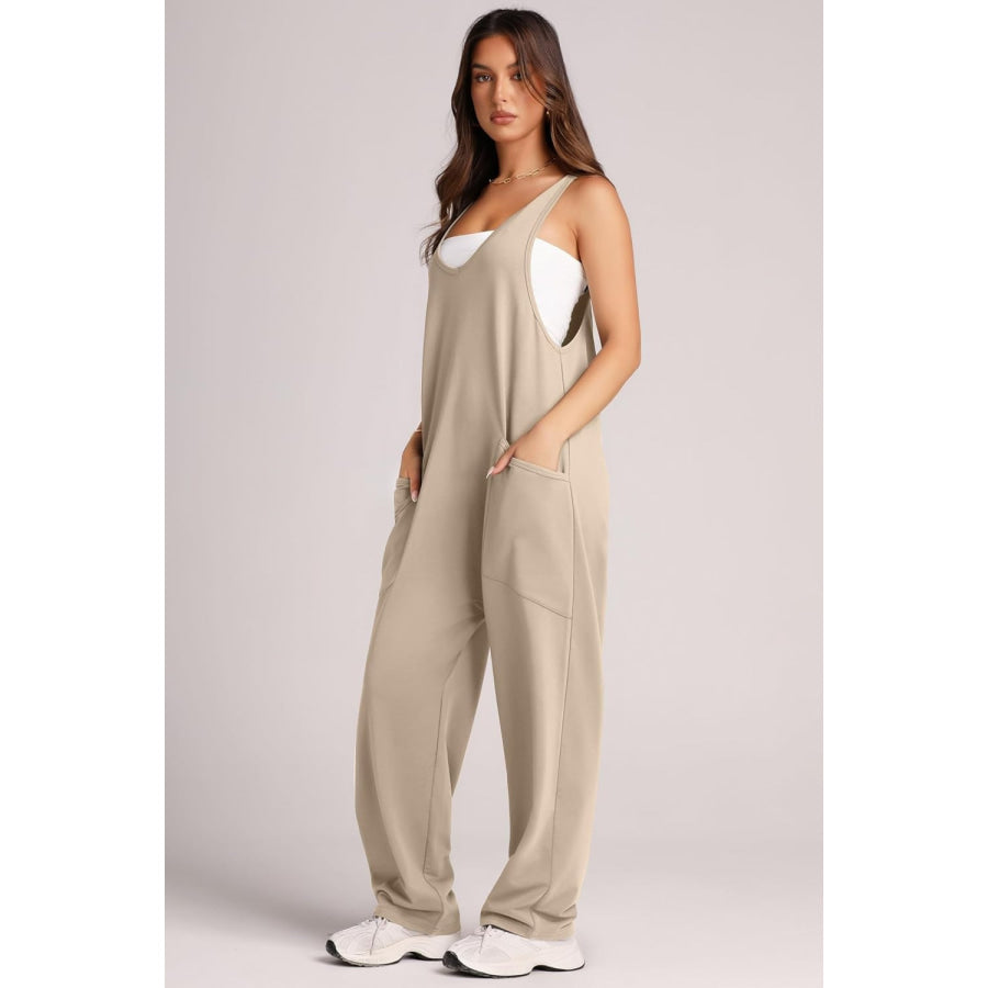 Wide Strap Jumpsuit with Pockets Khaki / S Apparel and Accessories