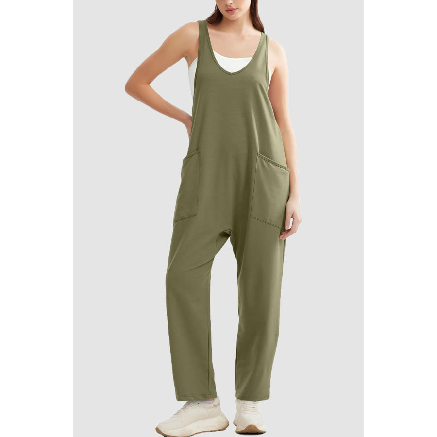 Wide Strap Jumpsuit with Pockets Moss / S Apparel and Accessories