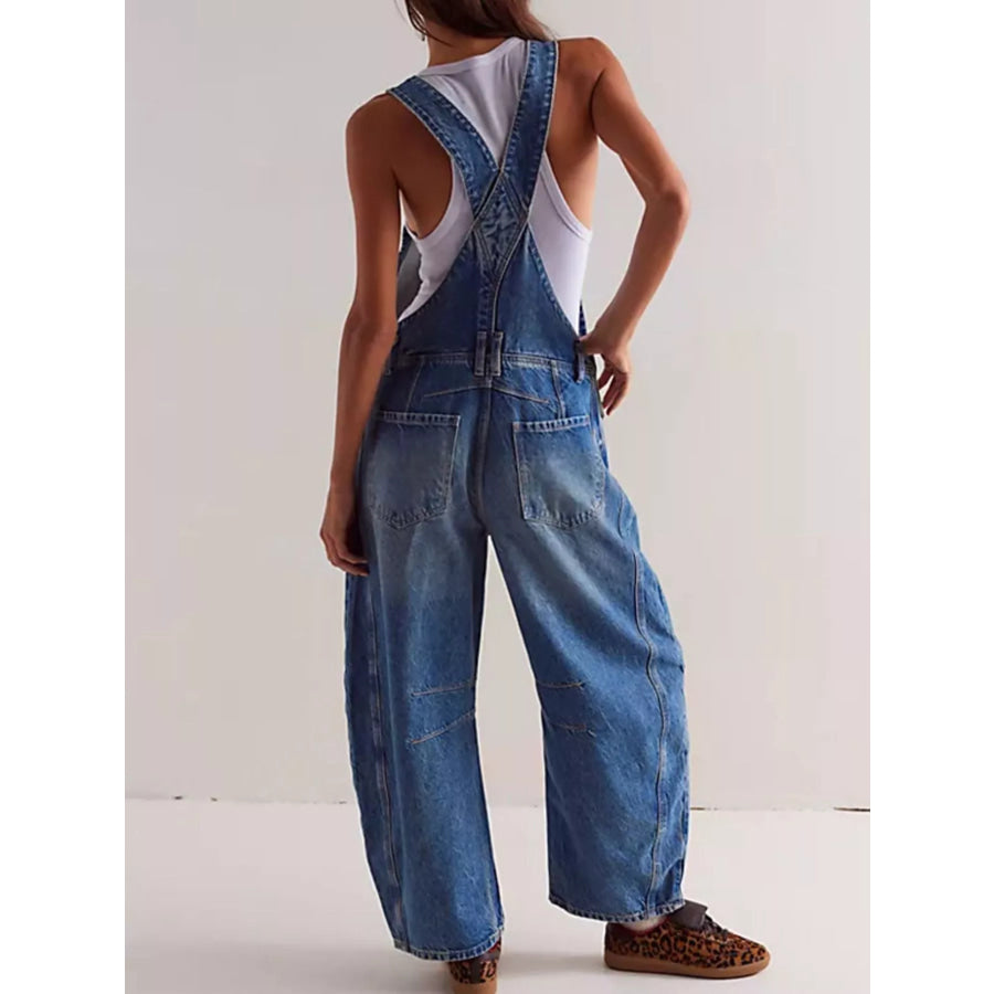 Wide Strap Wide Leg Denim Overalls Apparel and Accessories