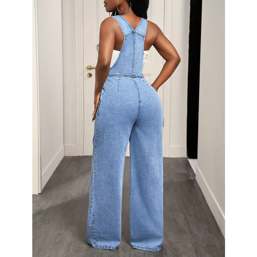 Wide Strap Wide Leg Denim Overalls Apparel and Accessories