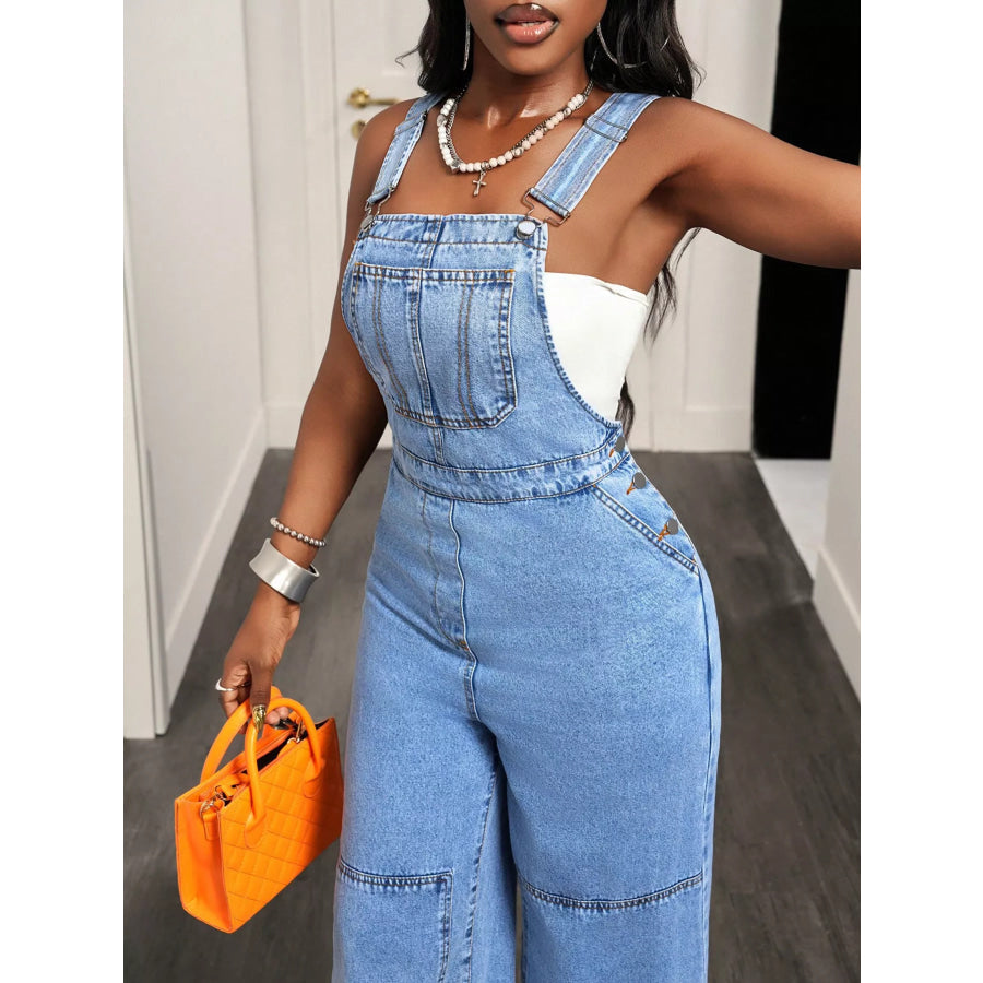 Wide Strap Wide Leg Denim Overalls Apparel and Accessories