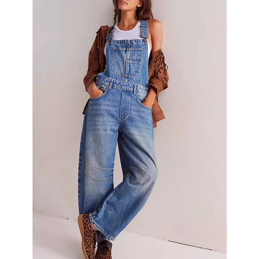 Wide Strap Wide Leg Denim Overalls Apparel and Accessories