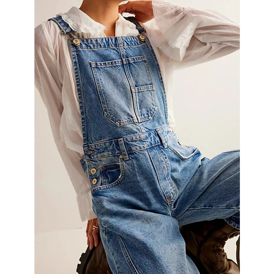Wide Strap Wide Leg Denim Overalls Apparel and Accessories