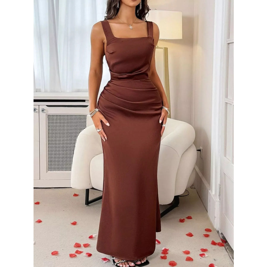 Wide Strap Satin Maxi Dress Brown / S Apparel and Accessories