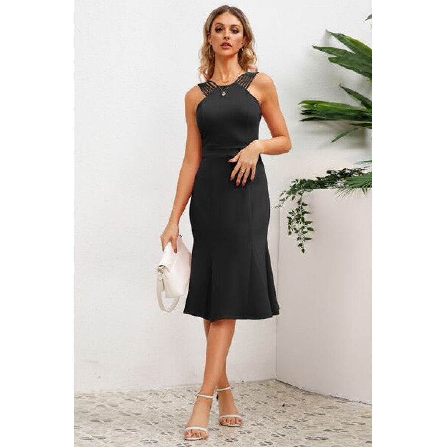 Wide Strap Wrap Fishtail Dress Black / S Apparel and Accessories