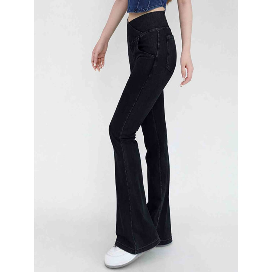 Wide Waistband Bootcut Jeans with Pockets Black / S