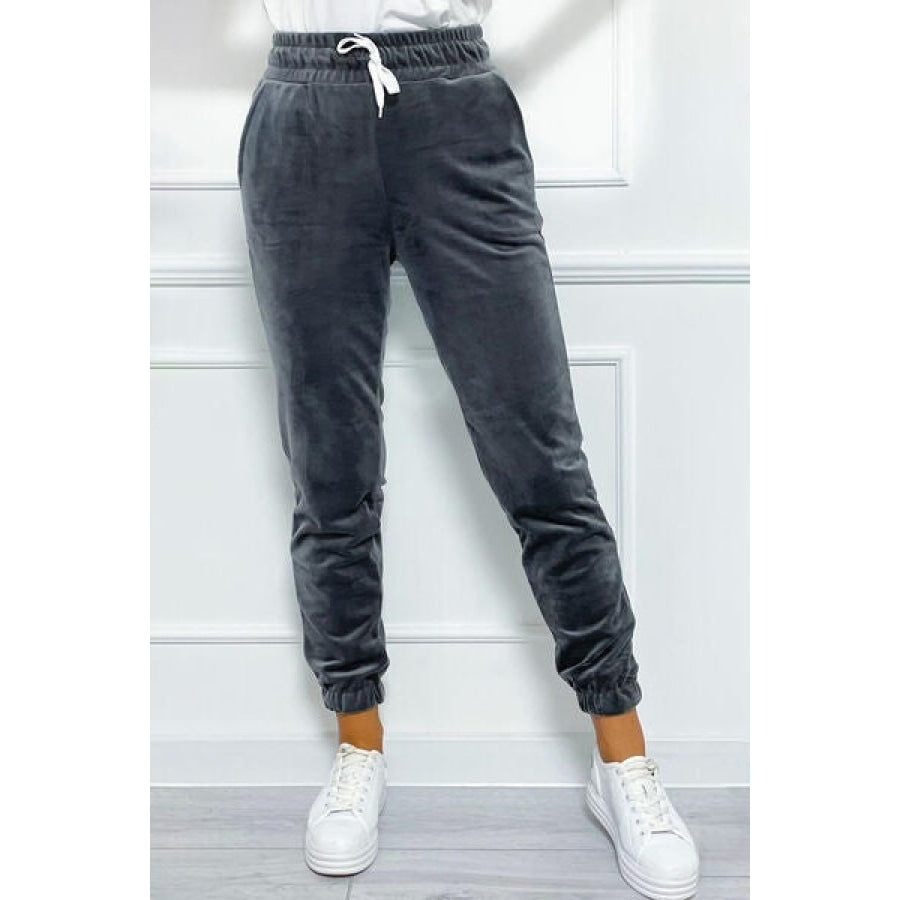 Wide Waistband Drawstring Cropped Joggers Charcoal / S Apparel and Accessories