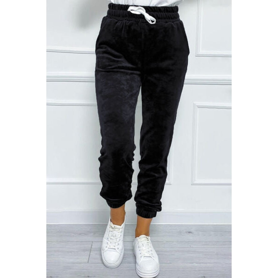 Wide Waistband Drawstring Cropped Joggers Black / S Apparel and Accessories