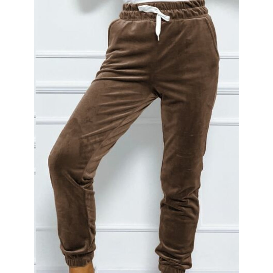 Wide Waistband Drawstring Cropped Joggers Chocolate / S Apparel and Accessories