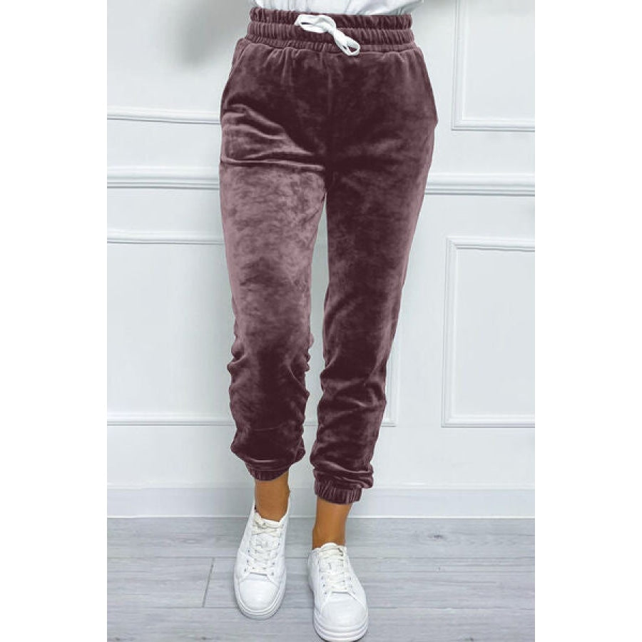 Wide Waistband Drawstring Cropped Joggers Dusty Purple / S Apparel and Accessories