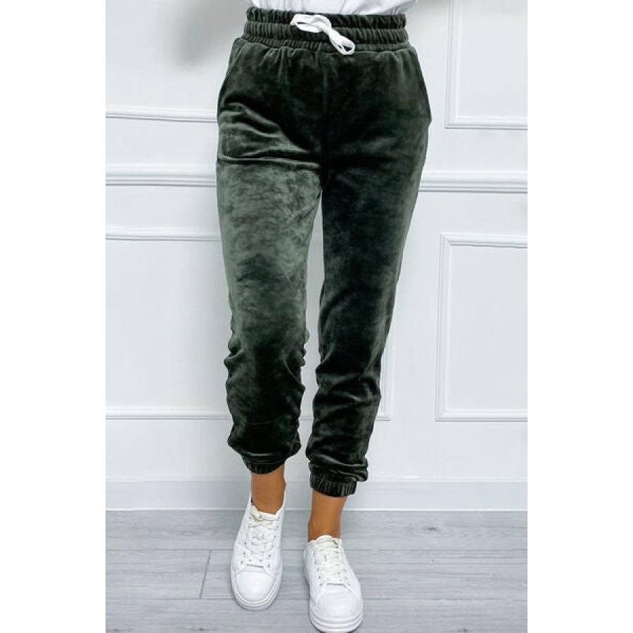 Wide Waistband Drawstring Cropped Joggers Green / S Apparel and Accessories