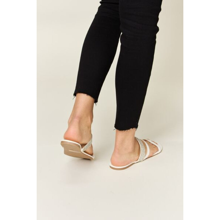 WILD DIVA Rhinestone Strappy Flat Sandals White / 6 Apparel and Accessories