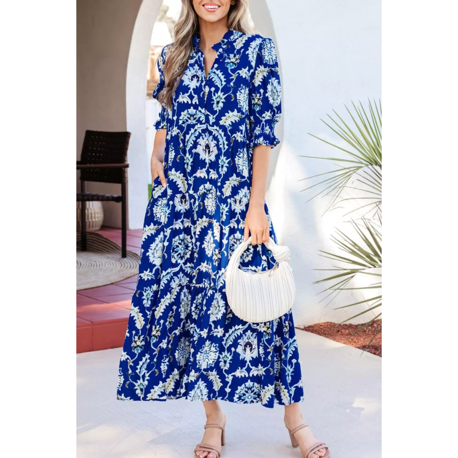 Wild Floral Print Frilled Collar Half Sleeve Dress Apparel and Accessories